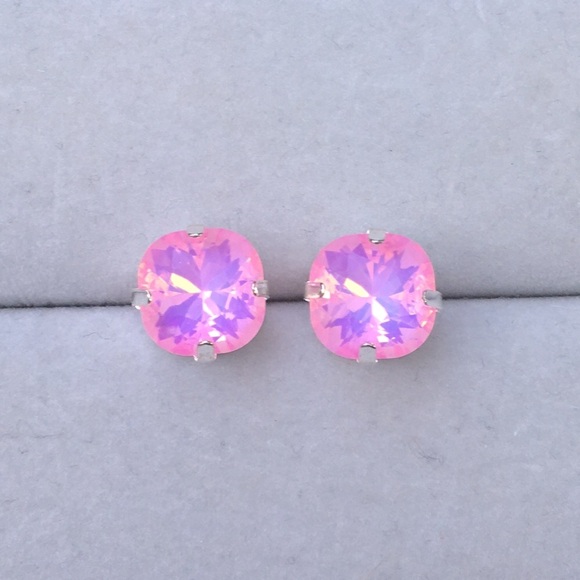 Jewelry - Pink Opal Aurora Borealis Cushion Cut + Silver Crystal Earrings